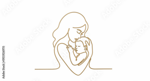 Mother and Baby Minimalist Gold Line Art Illustration - Continuous Line Drawing of Motherhood Love and Care on White Background