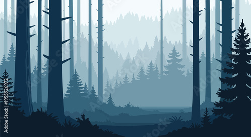 Deep forest layers creating a calm, atmospheric wilderness scene in shades of blue and gray