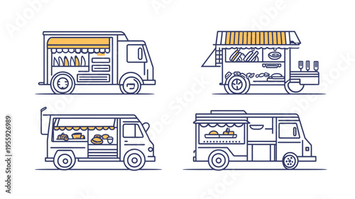 Line art showing four distinct food trucks, each with different designs and food offerings