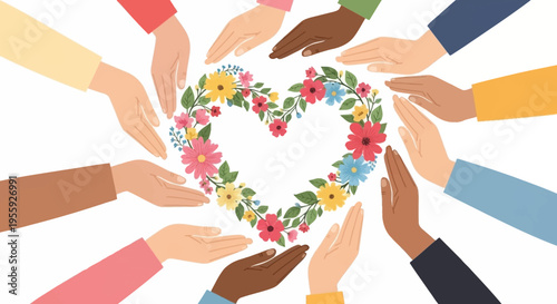 Diverse Hands Around a Heart Made of Flowers, Concept of Unity, Inclusion, Love, and Community Support Illustration
