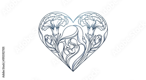 Elegant Mother and Child Illustration inside Heart with Carnation Flowers, Mother's Day Line Art Concept