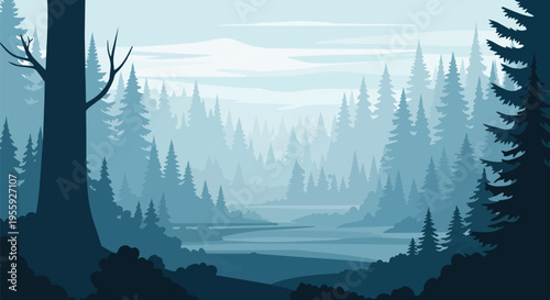 Misty forest landscape illustration with layered evergreen trees and winding river. Tranquil blue wilderness scene conveying serene depth and