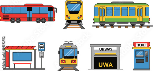 Public Transport Icon Set with Bus, Train, Subway Station, Ticket Machine, Railway Vehicles, Urban Transit System, and Commuting Infrastructure Collection