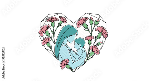 Mother and Child Line Art Illustration in Geometric Heart with Pink Carnations for Mother's Day Concept