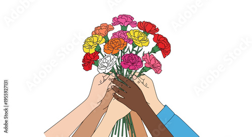 Diverse Multicultural Hands Holding Colorful Carnation Flower Bouquet, Unity and Community Concept Illustration