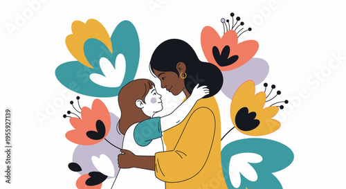 Loving Mother and Daughter Hugging with Colorful Floral Background. Multicultural Family Illustration for Mother's Day, Adoption, and Parenting Concepts.