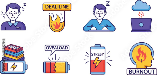 Work Stress and Burnout Icon Set with Deadline Pressure, Overload Fatigue, Low Battery Energy, Remote Work Exhaustion, and Mental Health Awareness Concepts Collection