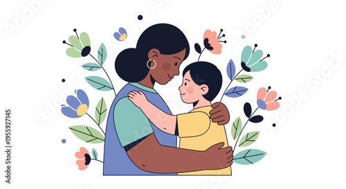 Flat Vector Illustration of a Black Mother Hugging Her Son with Floral Elements, Diverse Family Love and Motherhood Concept