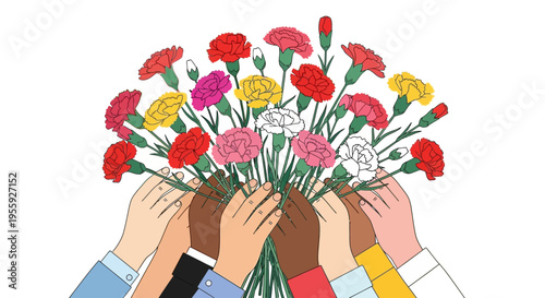 Multicultural Hands Holding a Bouquet of Carnations Illustration, Unity and Diversity Concept, Togetherness and Inclusion Vector Background