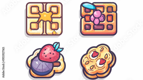 Cartoonish icons of waffles & pancakes with toppings on white background, pixelated art