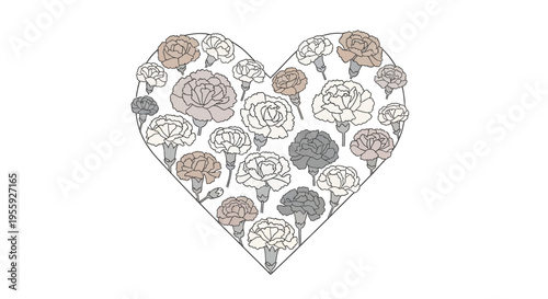 Minimalist Heart Shaped Carnation Flower Bouquet Vector Illustration for Mother's Day and Valentine's Day Greeting Cards