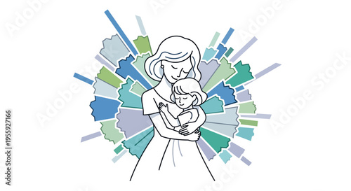 Mother Hugging Daughter Illustration - Tender Embrace of Mom and Child with Abstract Colorful Background for Mother's Day and Family Love Concepts