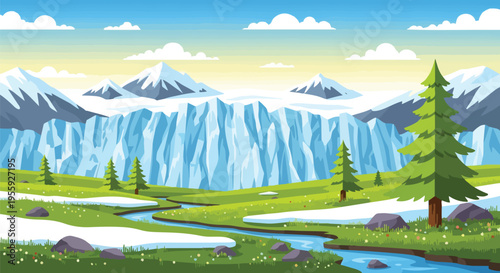 Vibrant cartoon landscape with majestic snow-capped mountains, a towering blue glacier, and lush green valleys with a flowing river