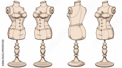 Four illustrated antique dressmaker's mannequins with stands, wearing corsets