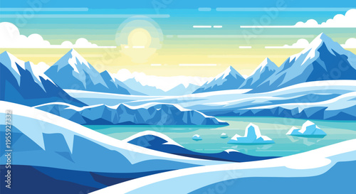 Illustrative arctic vista featuring grand snowy mountains tranquil icy waters and gleaming sunshine