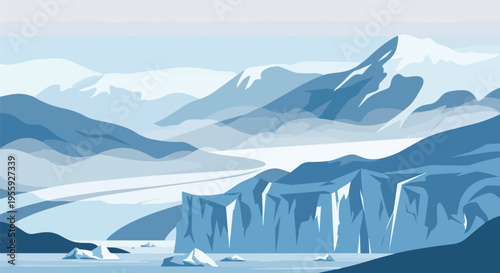 Majestic arctic panorama with snow-capped mountains, towering glaciers, and icy waters