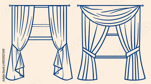 Blue outline illustrations of two curtained windows, on off-white background