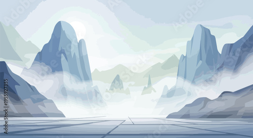 Serene stylized mountain vista blanketed in atmospheric mist and ethereal light, creating a tranquil landscape artwork