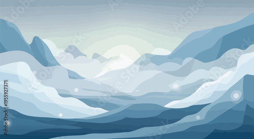 Serene abstract mountainous vista in cool blue and grey layers, depicting a tranquil dawn or dusk with soft light, an ethereal landscape artwork