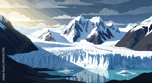 A breathtaking glacial valley scene with immense snow-capped mountains and a vast glacier descending into a serene reflective lake under a partly