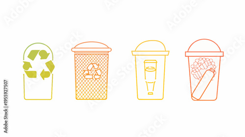 Four outlined bins with different waste, colors from green to red, on white background