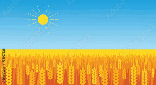 Golden wheat stalks stretch toward a vast azure sky, bathed in warm sunlight, signifying abundant harvest and the beauty of flourishing agricultural