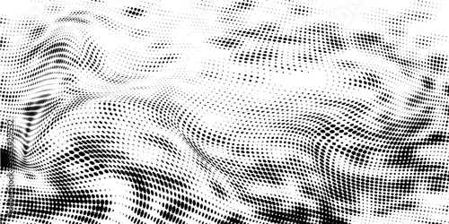 Abstract black and white halftone dots forming a dynamic wave pattern. Modern geometric optical illusion style background with flowing motion effect, suitable for posters, banners, digital design