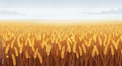 A golden wheat field stretches under a serene, hazy sky, showcasing a peaceful agricultural landscape of natural beauty. The sunlit grains symbolize
