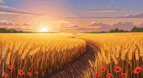 Sunset over a golden wheat field with a winding path and vibrant poppies embracing the serene agricultural landscape a tranquil harvest scene under