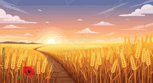 Vast golden wheat field illuminated by a gentle sunrise, a tranquil winding path leads to the horizon, a single vibrant red poppy adds striking