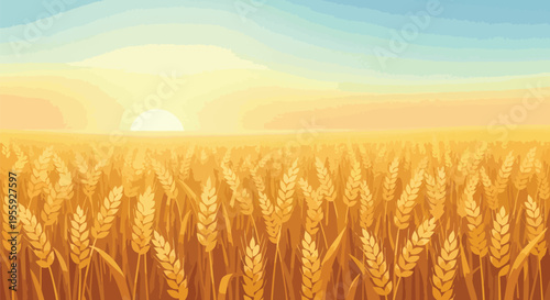 Golden wheat field illuminated by a glowing sunrise, depicting agricultural abundance and natural splendor.