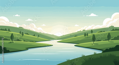 An illustrative depiction of a serene river flowing through verdant undulating hills beneath a clear, expansive sky with fluffy clouds, evoking a