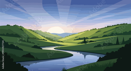 Vector illustration of a tranquil natural landscape with a winding river and sunbeams over verdant hills