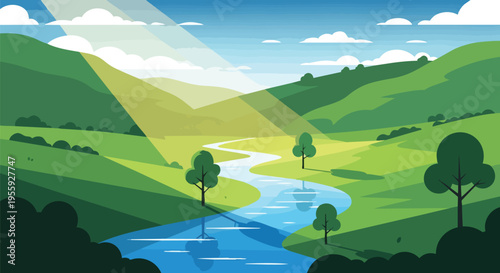 A picturesque flat design illustration captures a serene natural landscape. Lush green hills, a winding river, and sunbeams illuminate the verdant