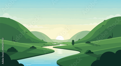 A tranquil, verdant landscape features rolling hills embracing a serene, meandering river as the sun rises gently over the far horizon, casting a