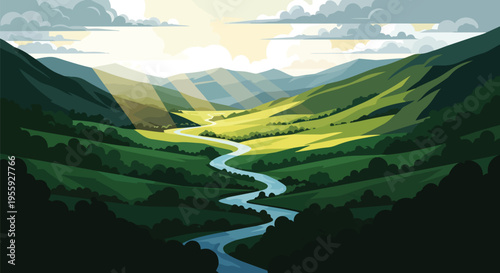 A serene mountain valley, featuring a winding river and radiant sunbeams illuminating green slopes under a dynamic cloudy sky, offering a