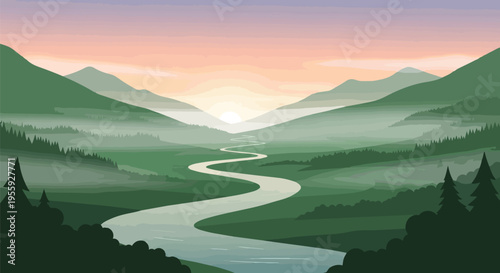 Majestic valley river meandering through tranquil mountain ranges at dawn's gentle embrace a breathtaking natural panorama vista