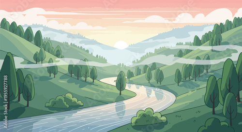 A gentle illustration of serene morning landscapes featuring rolling green hills, a winding river, and a sun rising through the valley mist.