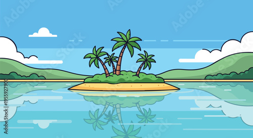 Serene cartoon tropical island with palm trees, calm blue water reflections, and rolling green hills under a clear sky