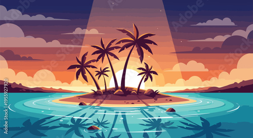 Tropical island paradise at sunset with majestic palm trees reflecting in azure waters, bathed in ethereal light, offering serene escape and vibrant