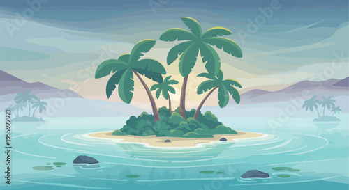 A captivating cartoon illustration showcases a serene tropical island oasis with vibrant palm trees amidst clear turquoise waters under a soft, hazy
