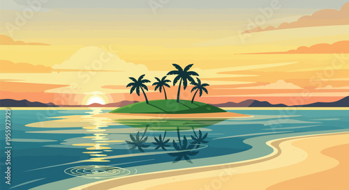 Tropical island paradise scene at sunset or sunrise, with silhouetted palm trees on a small islet, warm sky reflected on calm waters, and a serene