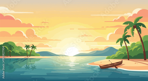 Vibrant tropical sunset over calm ocean waters with palm trees and a canoe on a sandy shore