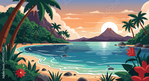 Vibrant Tropical Paradise Sunset Over Serene Ocean Bay with Majestic Volcano and Swaying Palm Trees