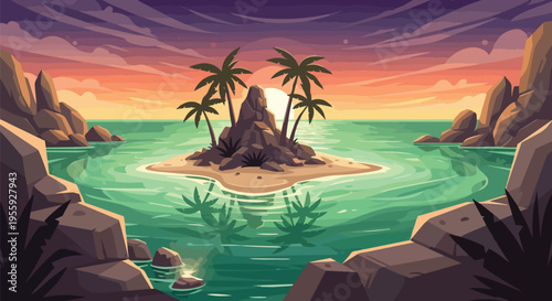 A captivating tropical island vista at dusk, showcasing vibrant hues across tranquil turquoise waters, framed by majestic stone formations under an