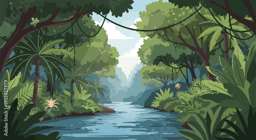 Verdant jungle river scene: tranquil waterway cuts through dense tropical foliage under a soft sky