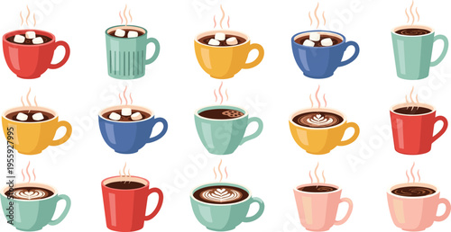 Colorful Coffee Cups Vector Set with Hot Drinks, Latte Art, Marshmallows, and Steam Isolated on White for Café, Menu, and Beverage Design