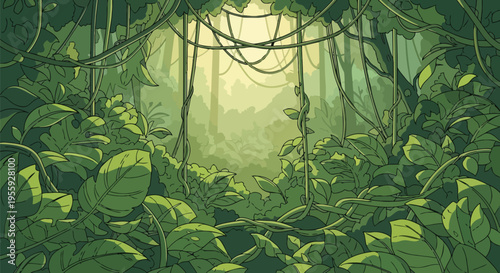 Dense jungle foliage illustration with interwoven vines and dappled light filtering through canopy