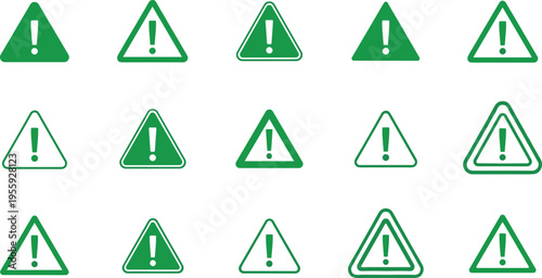 Green Warning Triangle Icon Set with Exclamation Marks, Safety Alert Symbols for Hazard Signs, Caution Labels, User Interface, and Industrial Design
