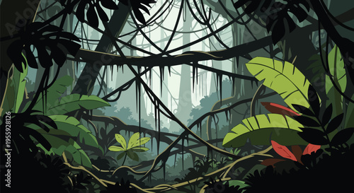 Vibrant illustrative jungle scene with exotic foliage and intricate vine patterns showcasing a wild, lush tropical environment full of untamed